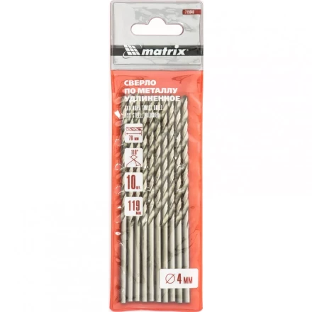 Сверло по металлу 4,0 х 119 мм полированное удлиненное HSS 10 штук цилиндрический хвостовик MATRIX 715040 купить в Челябинске