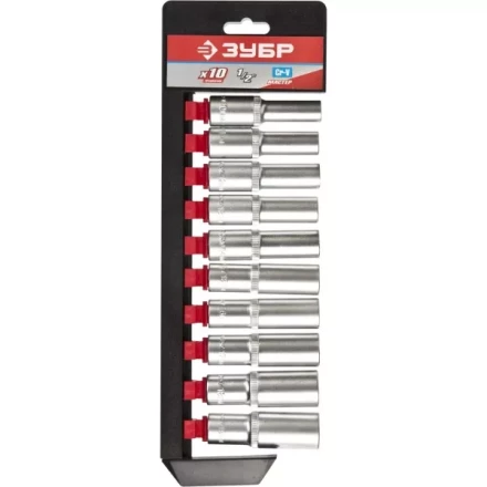 Набор ЗУБР &quot;МАСТЕР&quot;: Торцовые головки (1/2&quot;) удлиненные на пластиковом рельсе, Cr-V, 10-19мм, 10 предметов 27653-H10 купить в Челябинске