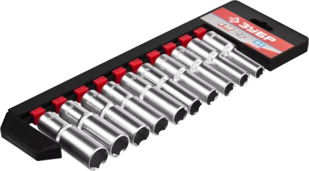Набор ЗУБР &quot;МАСТЕР&quot;: Торцовые головки (1/2&quot;) удлиненные на пластиковом рельсе, Cr-V, 10-19мм, 10 предметов 27653-H10 купить в Челябинске