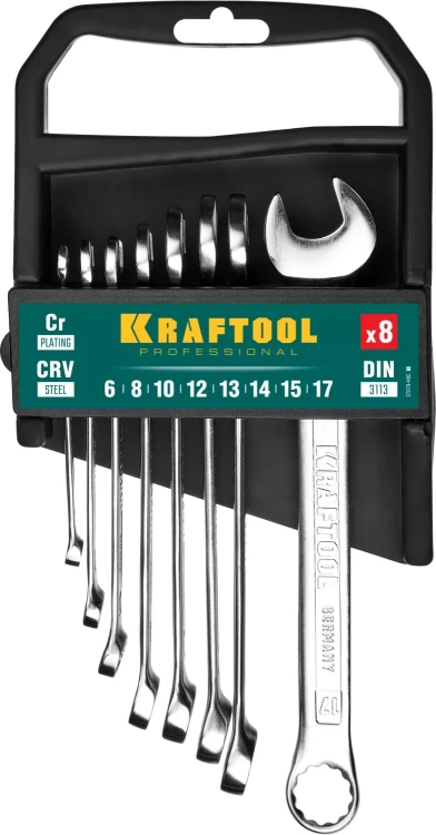Наборы ключей комбинированных KRAFTOOL, Cr-V, DIN 3110, на пластиковой подвеске 27079-H8C купить в Челябинске