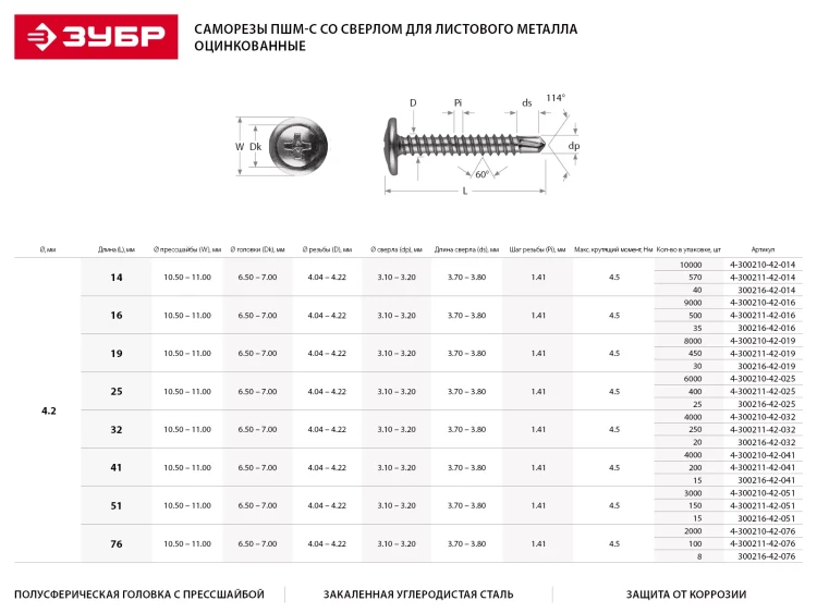 Саморезы ЗУБР с прессшайбой и сверлом по листовому металлу до 2мм, PH2, 4,2х32мм, ТФ1, 250шт 4-300211-42-032 купить в Челябинске