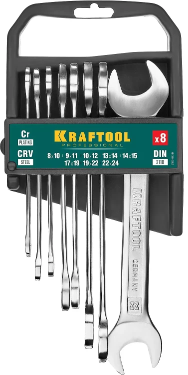 Наборы ключей гаечных рожковых KRAFTOOL, Cr-V, DIN 3110, на пластиковой подвеске 27033-H8C купить в Челябинске
