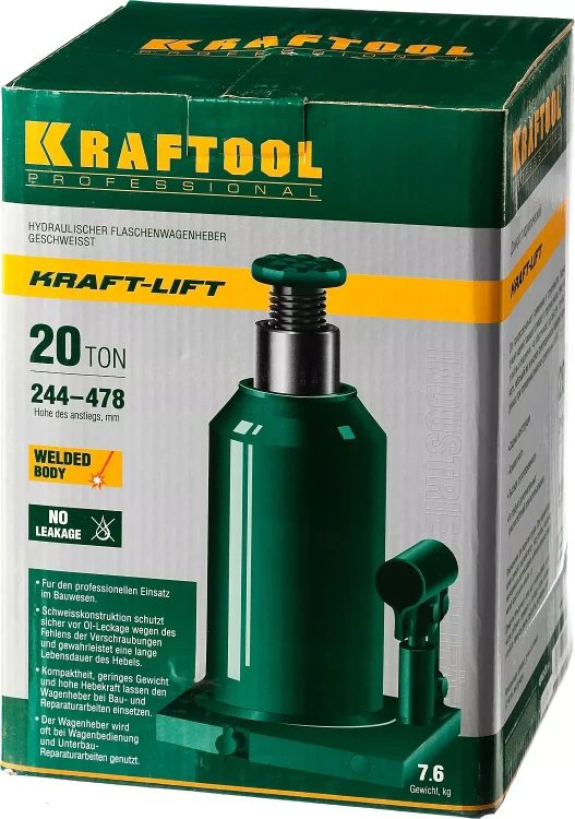 Домкрат гидравлический бутылочный "Kraft-Lift", сварной, 20т, 244-478мм, KRAFTOOL 43462-20 43462-20_z01 купить в Челябинске
