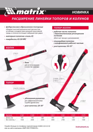 Топор-колун с клиновидным полотном 1500 г Matrix 21807, фибергласовое двухкомпонентное топорище 430 мм купить в Челябинске