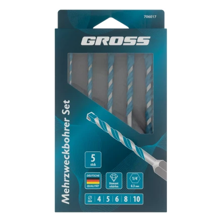 Набор сверл универсальных Gross 706017, Multipurpose PRO, 6-гр. хвостовик, 4-10мм, 5шт купить в Челябинске