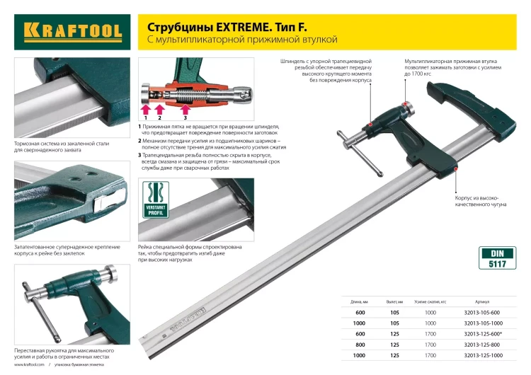 Струбцина KRAFTOOL, рычажная, быстрозажимная, тип "F", 75х200 мм 32019-75-200 купить в Челябинске