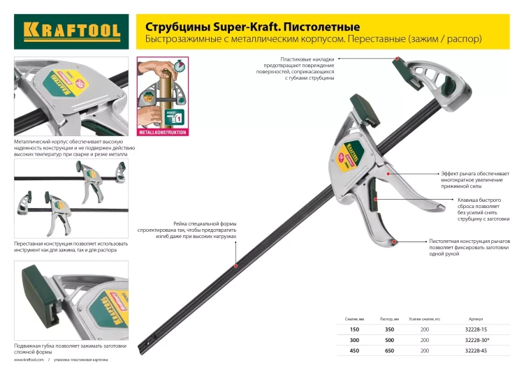 Струбцина KRAFTOOL, рычажная, быстрозажимная, тип "F", 75х200 мм 32019-75-200 купить в Челябинске