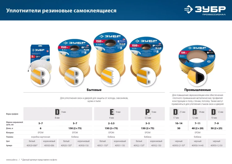 ЗУБР 150 м, E-профиль, размер 9 х 4 мм, коричневый, самоклеящийся резиновый уплотнитель, Профессионал (40931-150) купить в Челябинске