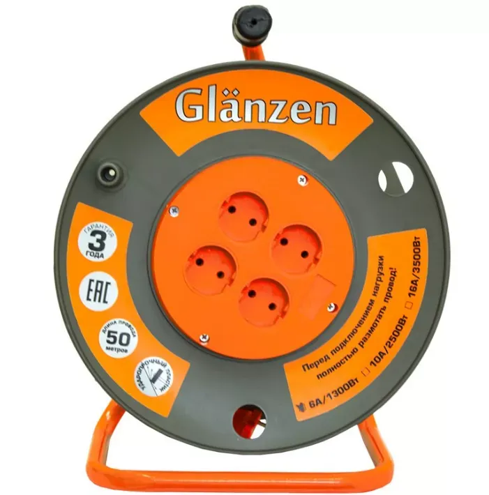 Удлинитель силовой на катушке GLANZEN 4 гн. ПВС 2х1,5 EB-50-006 купить в Челябинске