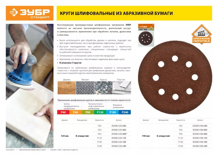 Круг шлифовальный ЗУБР "СТАНДАРТ" из абразивной бумаги на велкро основе, 8 отв., Р80, 125мм, 5шт 35350-125-080 купить в Челябинске
