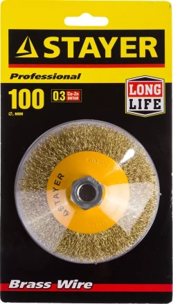 STAYER &quot;PROFESSIONAL&quot;. Щетка коническая для УШМ, витая стальная латунированная проволока 0,3мм, 100ммхМ14 35133-100 купить в Челябинске
