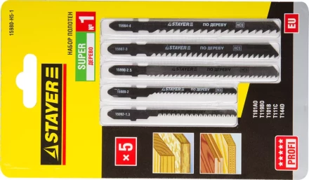 Набор STAYER &quot;PROFI&quot; Пилки &quot;УНИВЕРСАЛ №1&quot; для эл/лобзика, по дереву, EU-хвост., 5шт 15980-H5-1 купить в Челябинске