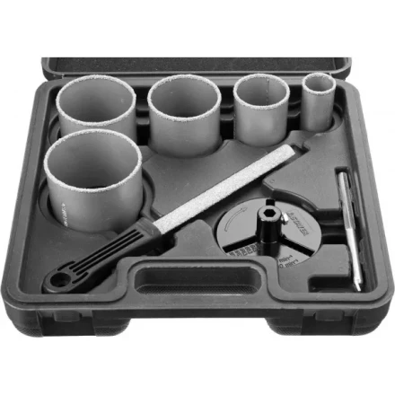 Набор STAYER &quot;PROFESSIONAL&quot;: Коронки с основанием и центровочным сверлом, напильник, d=33, 53, 67, 73, 83мм, 8предм 33345-H8 купить в Челябинске