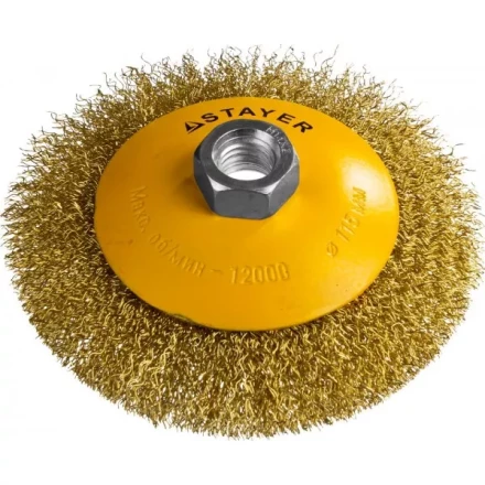STAYER "PROFESSIONAL". Щетка коническая для УШМ, витая стальная латунированная проволока 0,3мм, 115ммхМ14 35133-115 купить в Челябинске