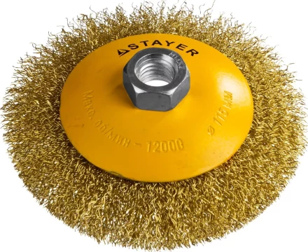 STAYER "PROFESSIONAL". Щетка коническая для УШМ, витая стальная латунированная проволока 0,3мм, 115ммхМ14 35133-115 купить в Челябинске