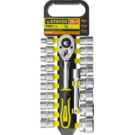 Набор STAYER &quot;STANDARD&quot;: Торцовые головки (1/2&quot;) на пластиковом рельсе, трещотка, удлинитель, 8-32мм, 20 предметов 27750-H20 купить в Челябинске