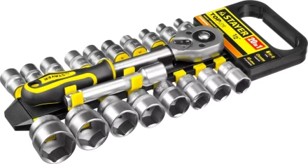 Набор STAYER &quot;STANDARD&quot;: Торцовые головки (1/2&quot;) на пластиковом рельсе, трещотка, удлинитель, 8-32мм, 20 предметов 27750-H20 купить в Челябинске