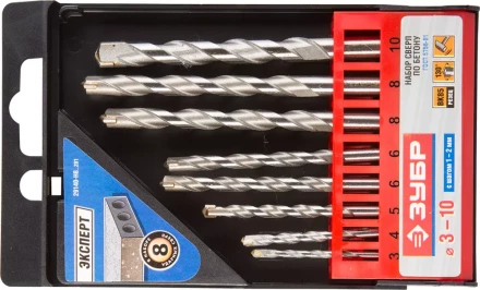 Набор ЗУБР Сверла по бетону ударные, 3-4-5-6-6-8-8-10 мм, пластиковый бокс, 8шт 29140-H8_z01 купить в Челябинске