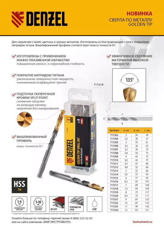 Сверло по металлу Denzel, 6 мм, HSS-Tin, Golden Tip, 10 шт. 717215 купить в Челябинске