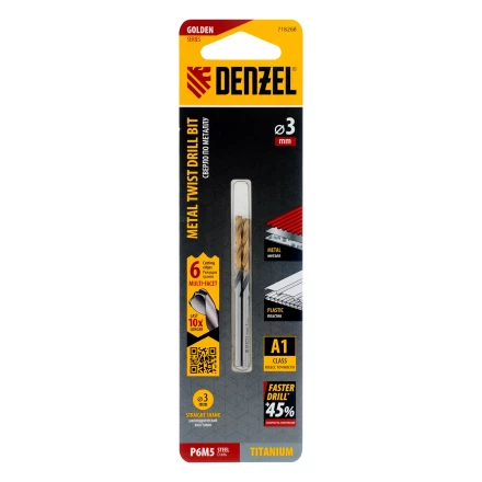 Сверло спиральное по металлу Denzel 3 x 61мм, Р6М5, Golden Tip, многогранная заточка, 2шт., 718268 купить в Челябинске