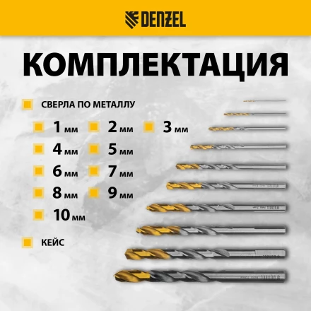 Набор сверл по металлу Denzel 723001, 1-10 мм, Р6М5-TiN, Golden Tip, 10 шт купить в Челябинске