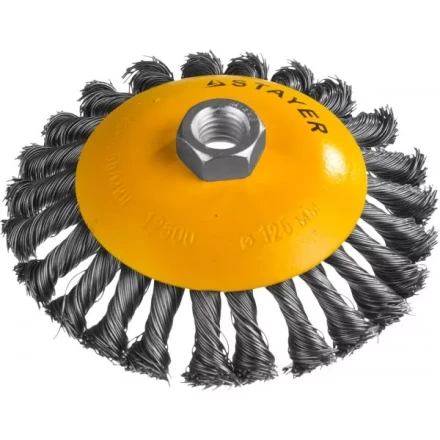 STAYER "PROFESSIONAL". Щетка коническая для УШМ, жгутированная стальная проволока 0,5мм, 125ммхМ14 35135-125 купить в Челябинске
