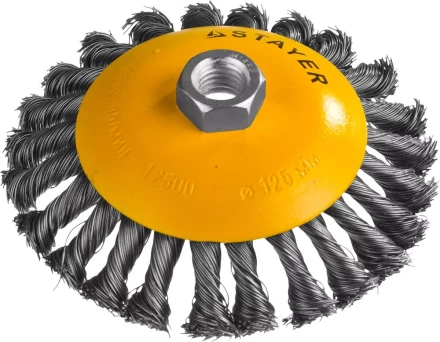 STAYER "PROFESSIONAL". Щетка коническая для УШМ, жгутированная стальная проволока 0,5мм, 125ммхМ14 35135-125 купить в Челябинске