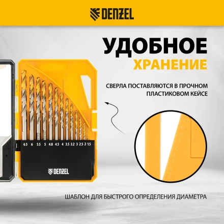 Набор сверл по металлу Denzel 723002, 1,5-6,5мм, Р6М5-TiN, Golden Tip, 13 шт купить в Челябинске