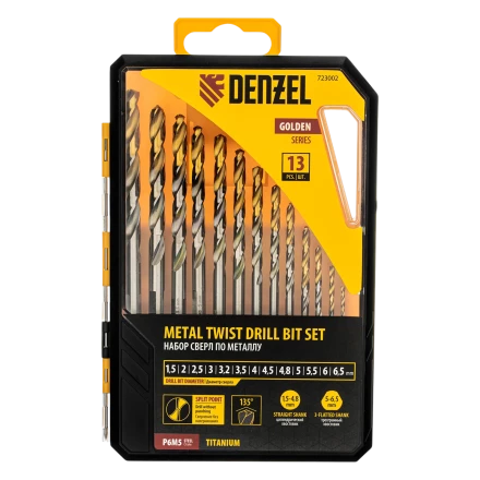 Набор сверл по металлу Denzel 723002, 1,5-6,5мм, Р6М5-TiN, Golden Tip, 13 шт купить в Челябинске