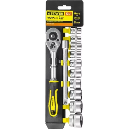 Набор STAYER &quot;STANDARD&quot;: Торцовые головки (3/8&quot;) на пластиковом рельсе, трещотка, удлинитель, 10-24мм, 12 предметов 27752-H12 купить в Челябинске
