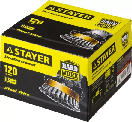 STAYER "PROFESSIONAL". Щетка чашечная для УШМ, жгутированная стальная проволока 0,5мм, 120ммхМ14 35128-120 купить в Челябинске