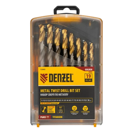 Набор сверл по металлу Denzel 723003, 1-10 мм, Р6М5-TiN, Golden Tip, 19 шт купить в Челябинске