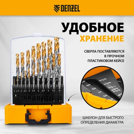 Набор сверл по металлу Denzel 723003, 1-10 мм, Р6М5-TiN, Golden Tip, 19 шт купить в Челябинске