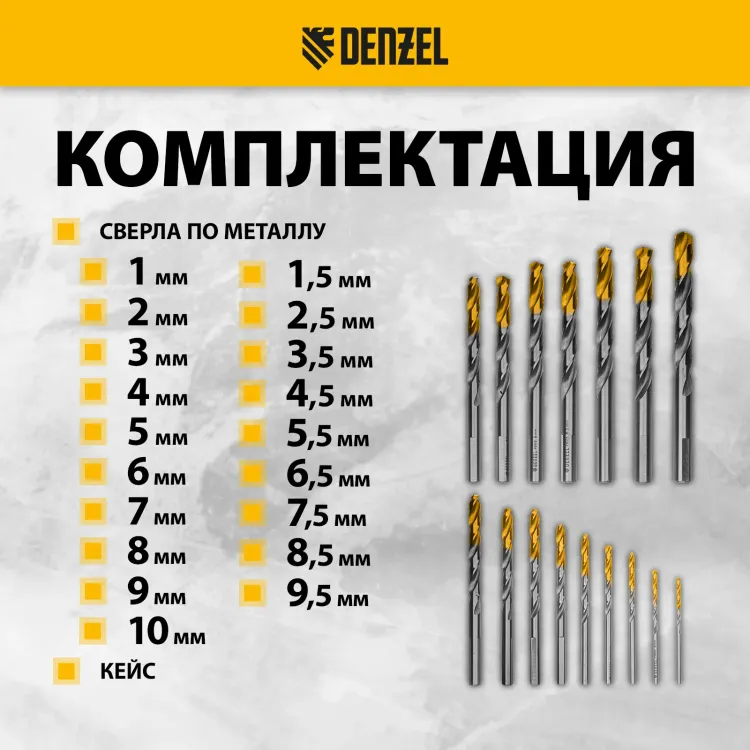 Набор сверл по металлу Denzel 723003, 1-10 мм, Р6М5-TiN, Golden Tip, 19 шт купить в Челябинске