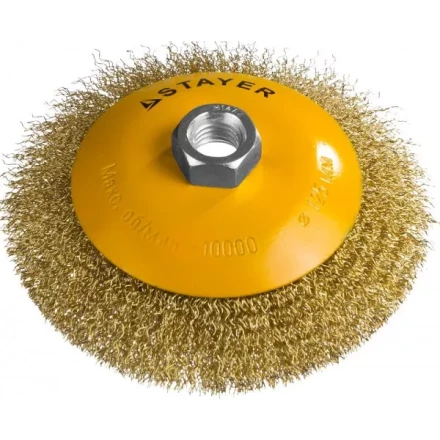 STAYER "PROFESSIONAL". Щетка коническая для УШМ, витая стальная латунированная проволока 0,3мм, 125ммхМ14 35133-125 купить в Челябинске