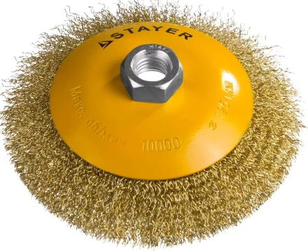 STAYER "PROFESSIONAL". Щетка коническая для УШМ, витая стальная латунированная проволока 0,3мм, 125ммхМ14 35133-125 купить в Челябинске