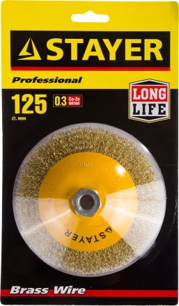 STAYER "PROFESSIONAL". Щетка коническая для УШМ, витая стальная латунированная проволока 0,3мм, 125ммхМ14 35133-125 купить в Челябинске