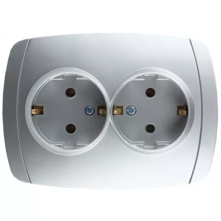 Розетка СВЕТОЗАР &quot;АКЦЕНТ&quot; двойная в сборе, с заземлением, цвет серебристый металлик, 16А/~250В SV-54207-SM купить в Челябинске
