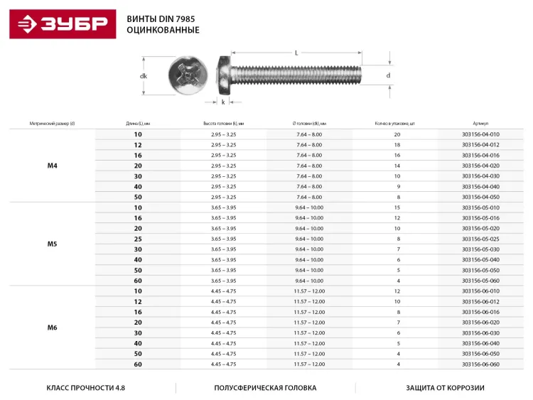 Винт DIN 7985 M5x16мм, 12шт, кл. пр. 4.8, оцинкованный, ЗУБР 303156-05-016 купить в Челябинске