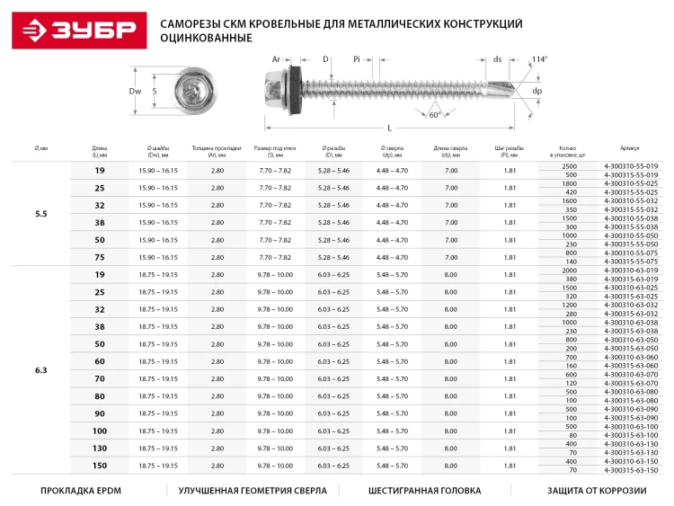 Саморезы ЗУБР окраш., RAL 3005 темно-красн., для крепл. кров. матер. к дерев. обреш., 4.8x65мм, 180шт 4-300315-48-065-3005 купить в Челябинске