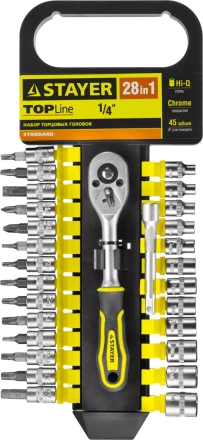 Набор STAYER &quot;STANDARD&quot;: Торцовые головки, биты-головки (1/4&quot;) на пластик рельсе, трещотка, удл-тель, 4-13мм, 28 пр. 27754-H28 купить в Челябинске