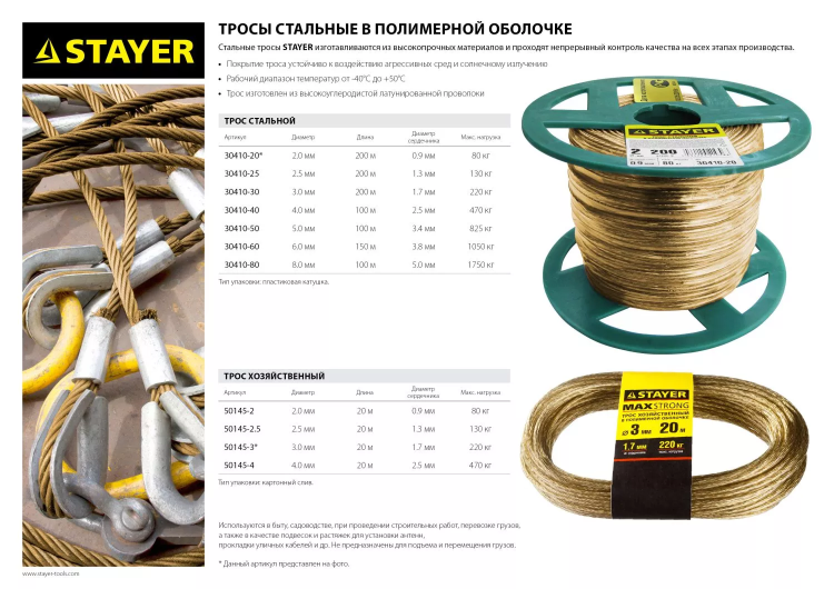 Трос хозяйственный STAYER "MASTER", стальной в полимерной оболочке, 20 метров, 2,5мм 50145-2.5 купить в Челябинске