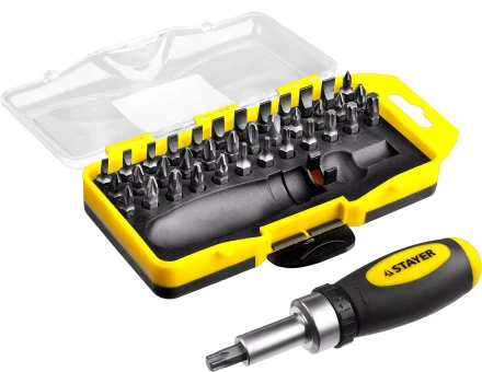 Отвертка реверсивная в наборе с битами, STAYER 2557-H38, Cr-V сталь, 38 предметов 2557-H38 купить в Челябинске