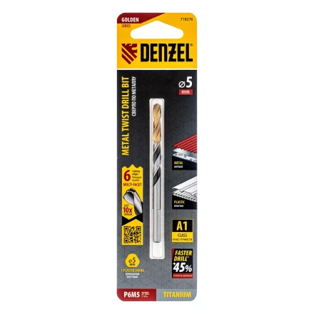 Сверло спиральное по металлу Denzel 5 x 86мм, Р6М5, Golden Tip, многогранная заточка, 718276 купить в Челябинске