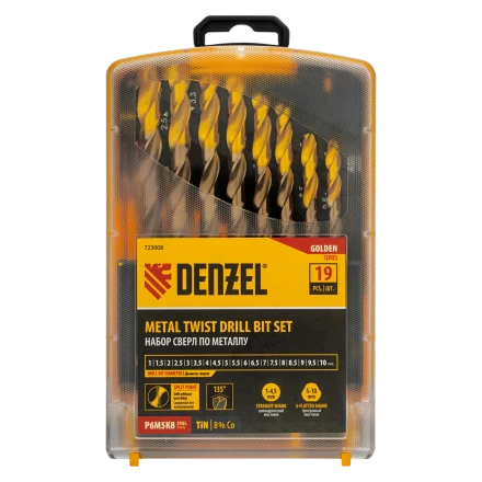 Набор сверл по металлу Denzel 723008, 1-10 мм, Р6М5К8-TiN, Golden Tip, 19 шт купить в Челябинске