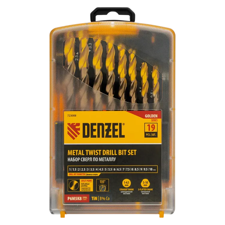 Набор сверл по металлу Denzel 723008, 1-10 мм, Р6М5К8-TiN, Golden Tip, 19 шт купить в Челябинске