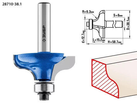ЗУБР 38.1 x 15 мм, радиус 6.3 мм, фреза кромочная калевочная №8, Профессионал (28710-38.1) купить в Челябинске