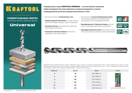 Сверло &quot;UNIVERSAL&quot; по бетону, металлу, дереву, KRAFTOOL PROFESSIONAL 29172-100-6, 6 х 100 мм 29172-100-6_z01 купить в Челябинске