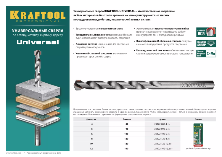 Сверло "UNIVERSAL" по бетону, металлу, дереву, KRAFTOOL PROFESSIONAL 29172-100-6, 6 х 100 мм 29172-100-6_z01 купить в Челябинске