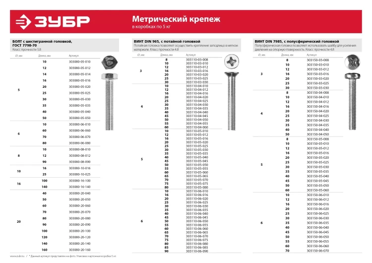 Винт ЗУБР "МАСТЕР" DIN 965, класс прочности 4.8, оцинкованный, M3x25мм, 5кг 303110-03-025 купить в Челябинске